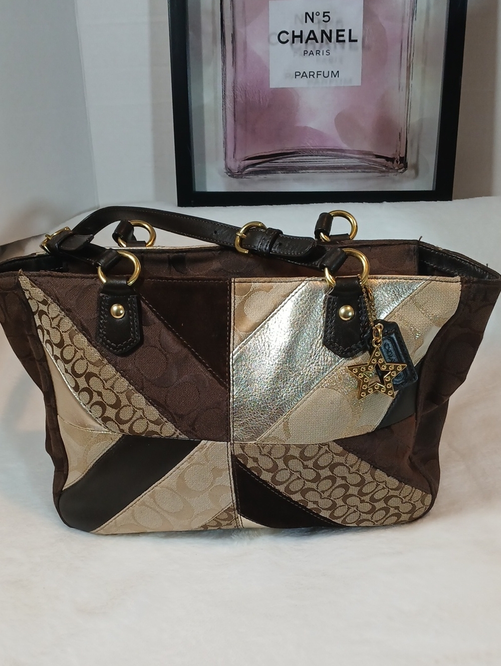 Y2k- Coach Patchwork Tote Bag in Brown and Metallic -